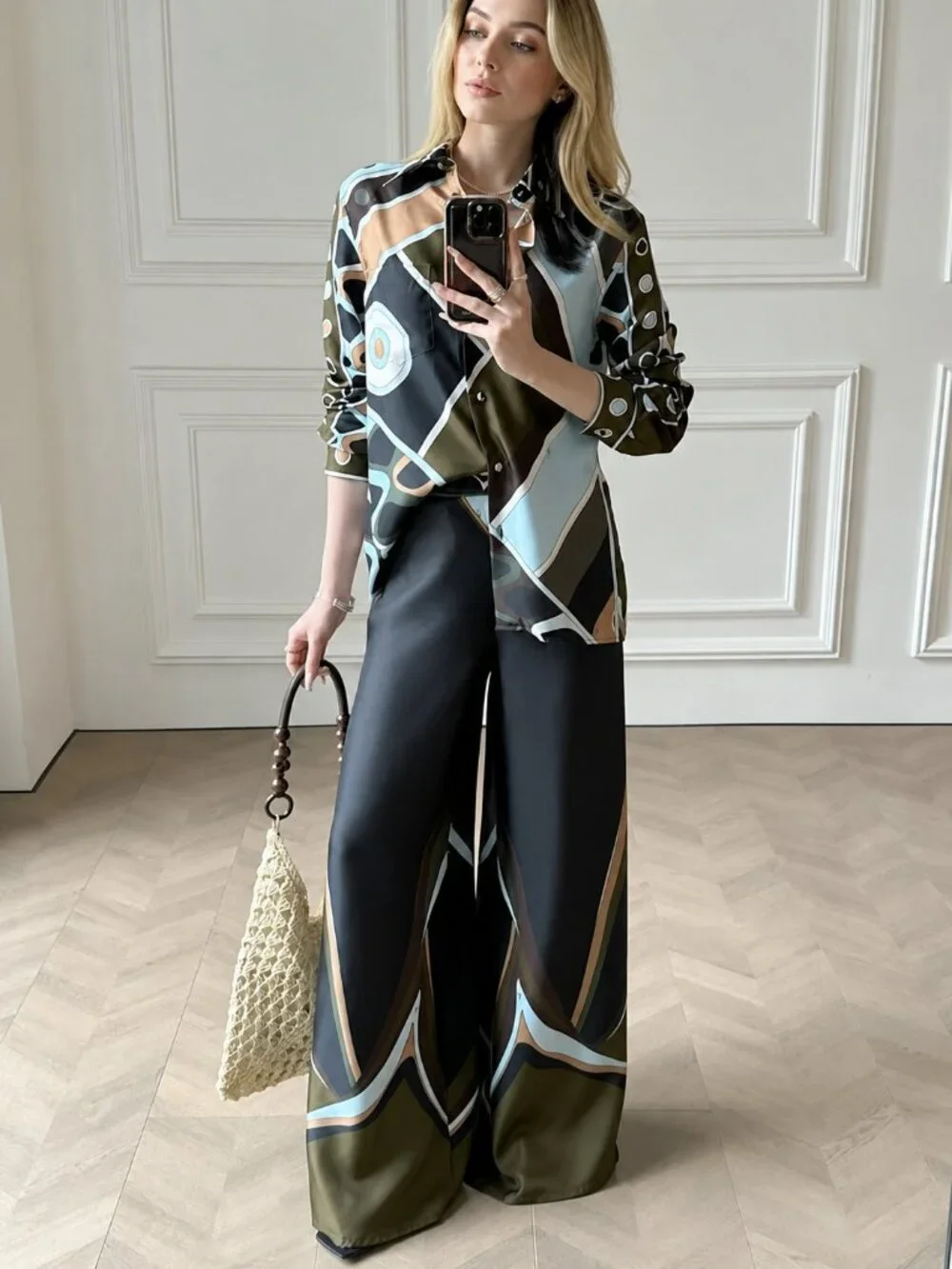 NWT Emilio Pucci Printed Silk Button Down Shirt & Wide Leg Pants Two Piece Set